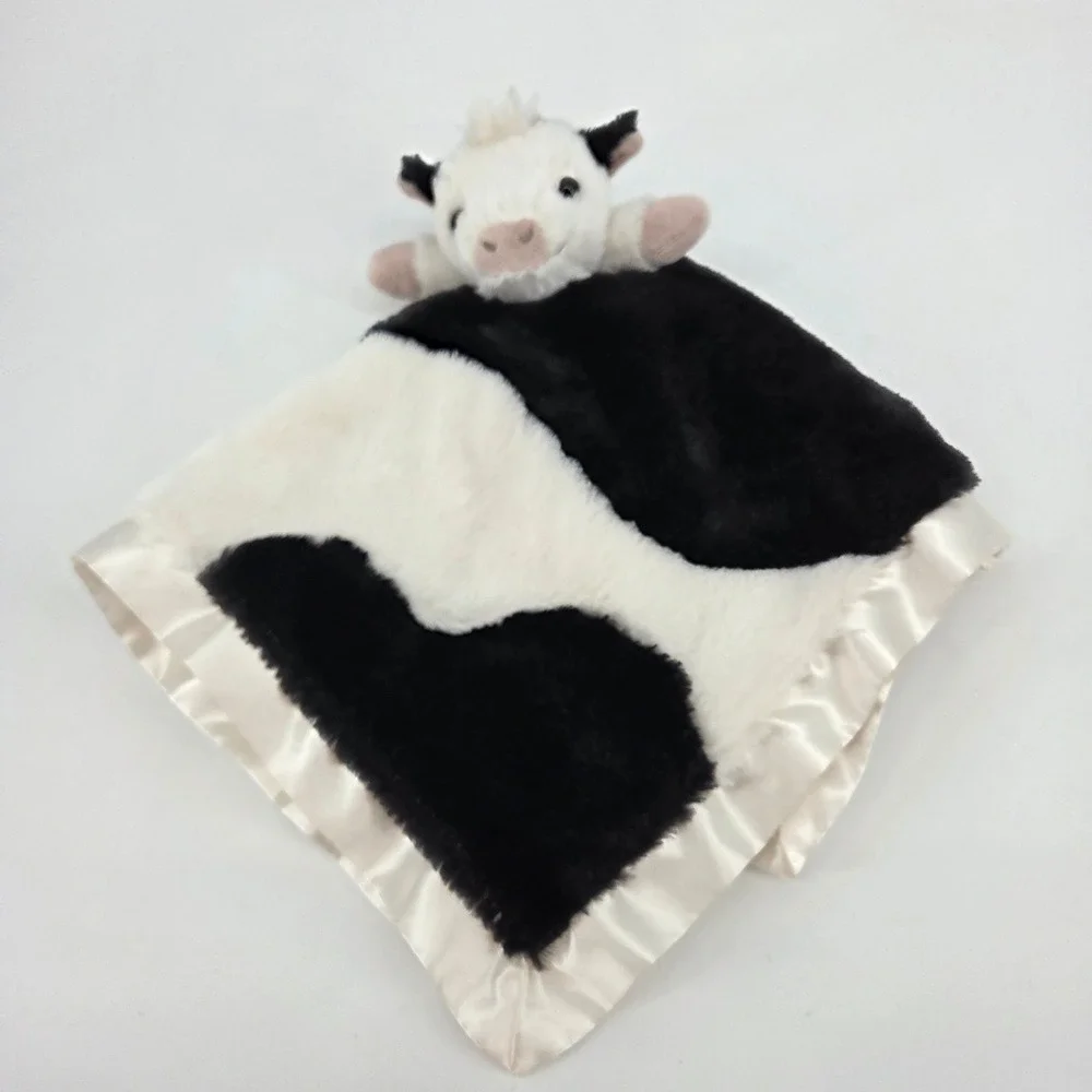 Hallmark Baby Cow Security Blanket Lovey Black White Spotted Faux Fur Satin Trim